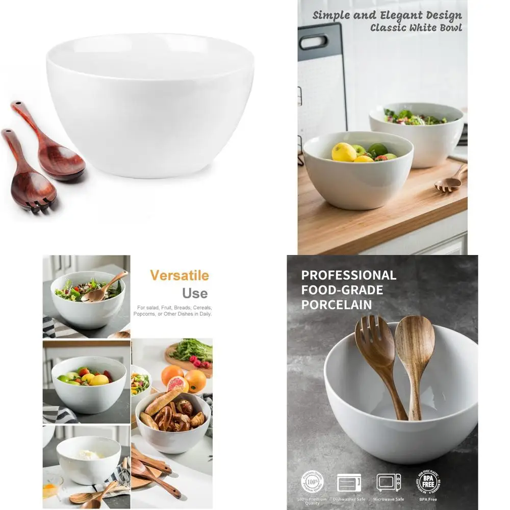 

salad serving bowls, 5 quarts porcelain white serving bowl extra large mixing bowl with spoon set for salad, preparing, pasta,