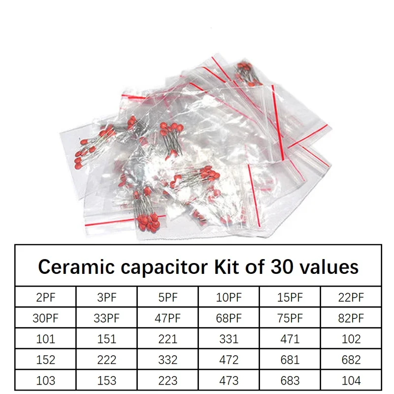 300pcs 30value 50V Ceramic Capacitor Assorted kit Assortment Set 30value*10pcs=300pcs