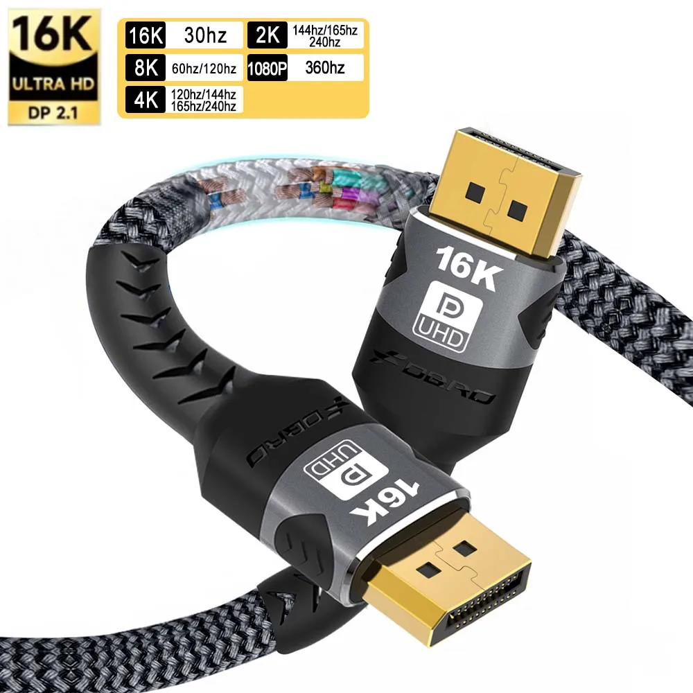 16K DisplayPort Cable 2.1 54Gbps 16K@30Hz 8K@120Hz/60Hz 4K@60Hz/144Hz/240Hz Support FreeSync for Gaming Monitor Graphics Card