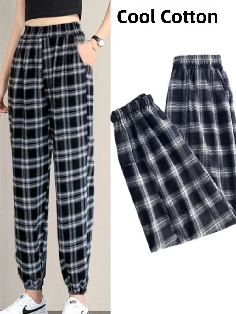 

Клетчатые шаровары из смеси хлопка, женские летние свободные спортивные брюки, студенческие повседневные брюки-фонарики, модные брюки с высокой талией, девять очков