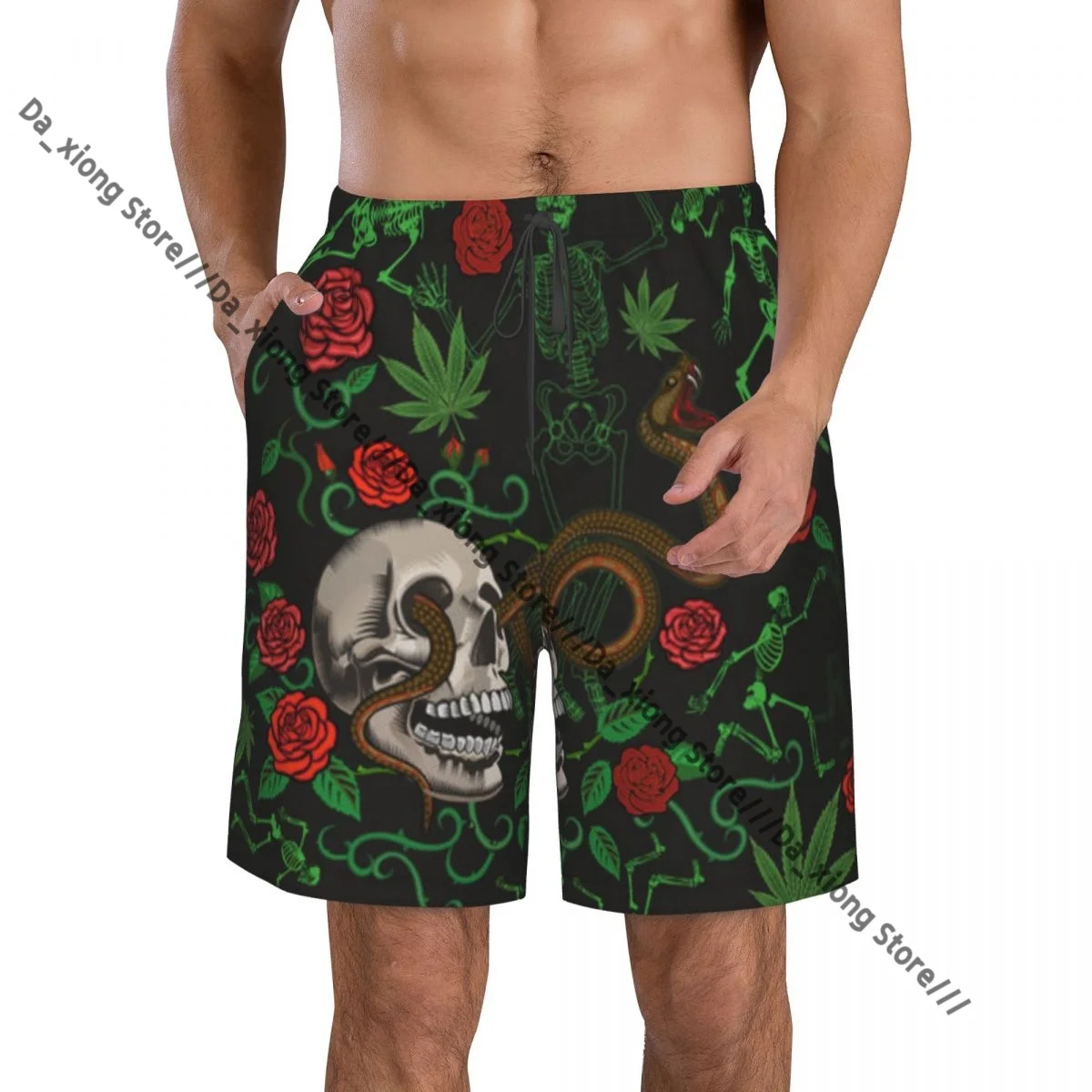 Mens Swimming Shorts Swimwear Death Skull With Roses Snake Trunks Swimsuit Beach Wear Boardshorts