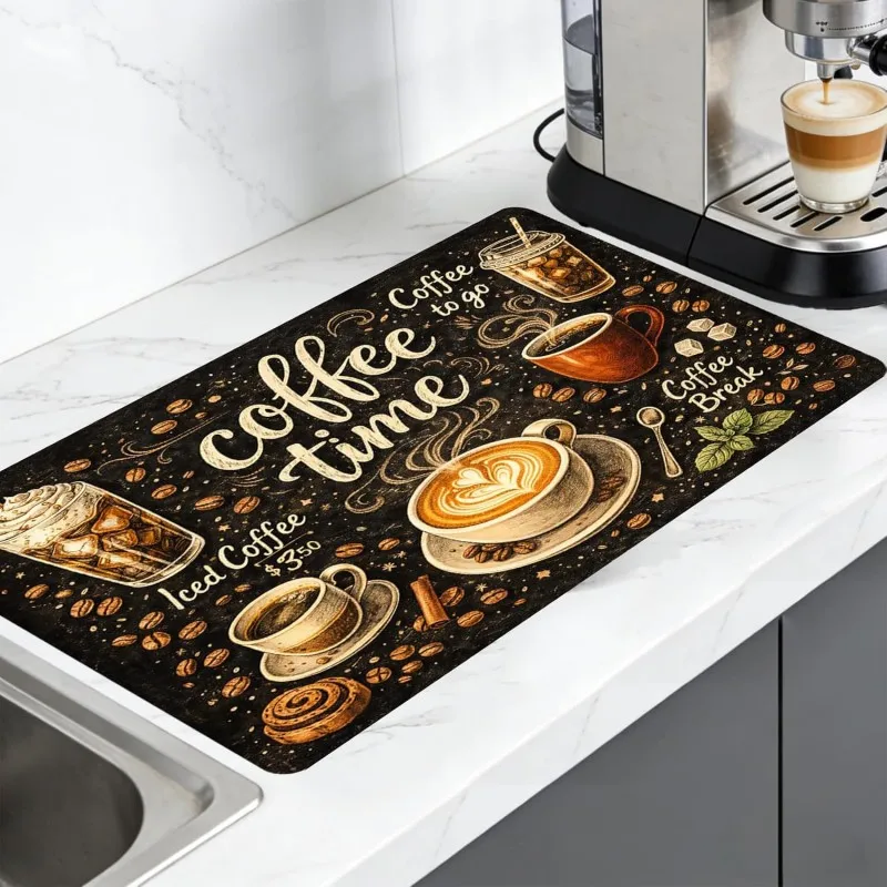 Vintage Chalkboard Coffee Bar Mat for Countertop Absorbent Dish Drying Mat Espresso Machine Pad Coffee Time Decor Gift