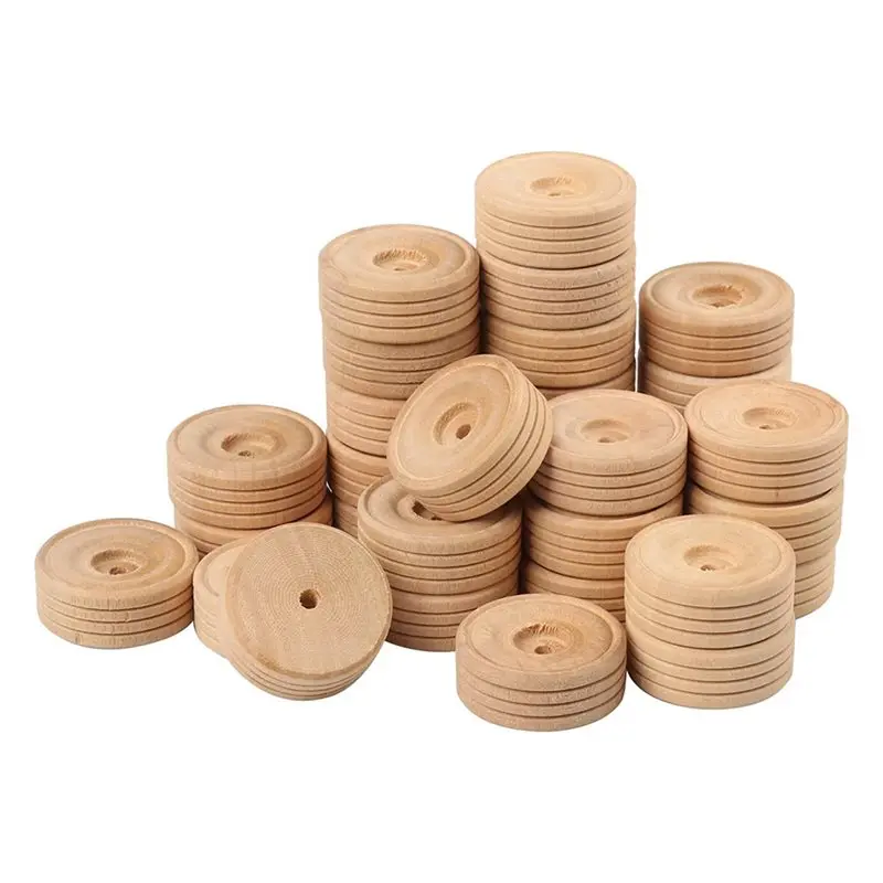 【COMELY】Wooden Wheels, 200 PCS, 1.18 Inches, Treaded Wooden Tires Wheels With 0.14Inch Hole Perfect For DIY Wood Carft Projects