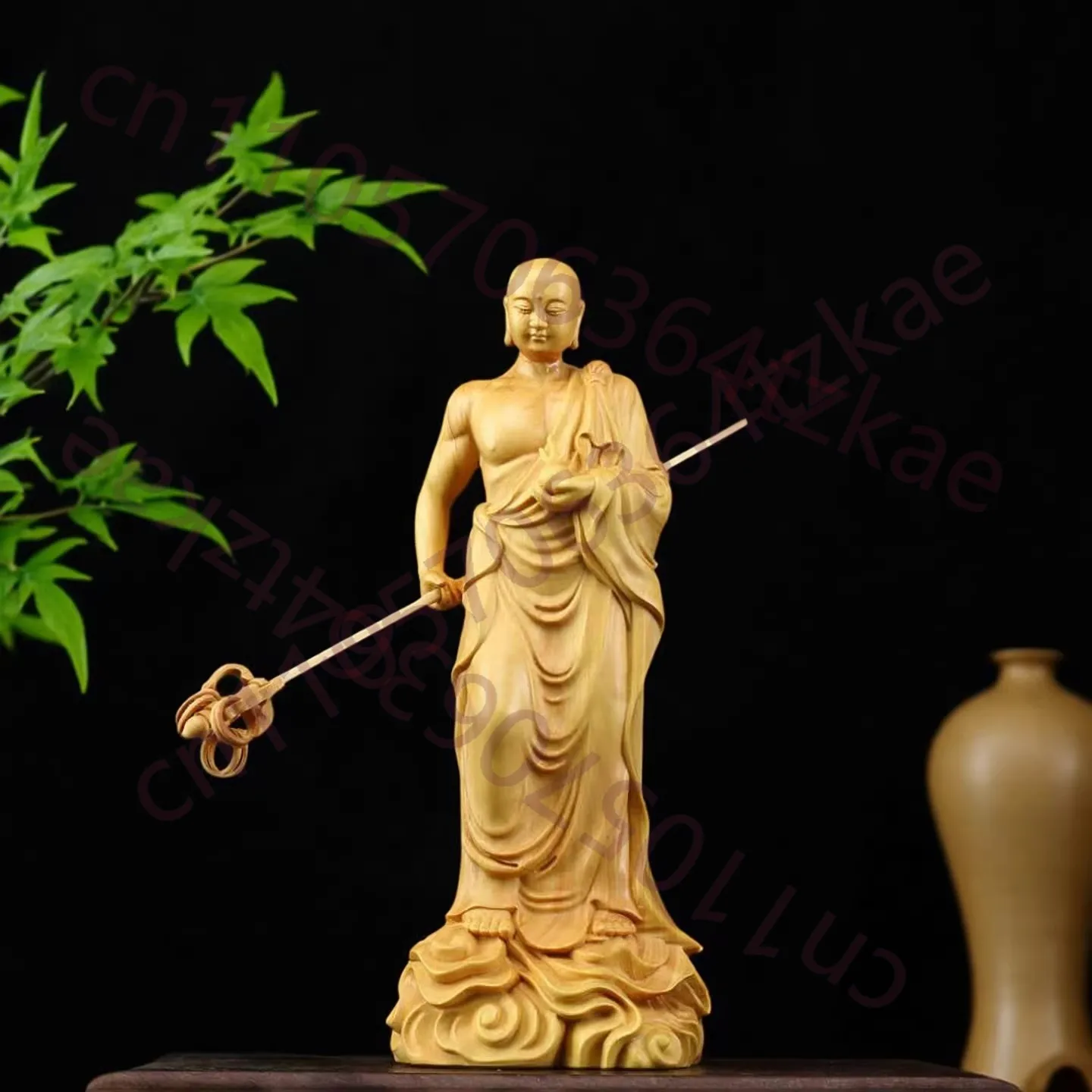 

Скульптура Бодхисаттвы Кшитигарбхи - Детализированная резьба по боксву для домашнего святилища, приносит глубокое спокойствие и благоприятную защиту.