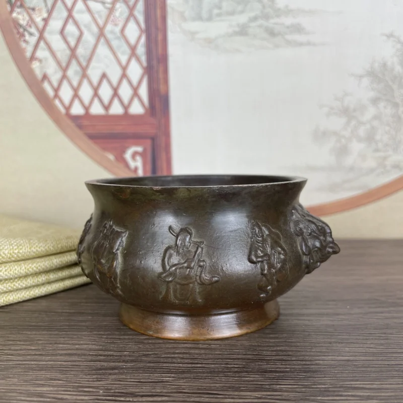Antique Bronze Eight Immortals Crossing the Sea , Open-Top Incense Burner Ornament, Vintage Home and Office Decora