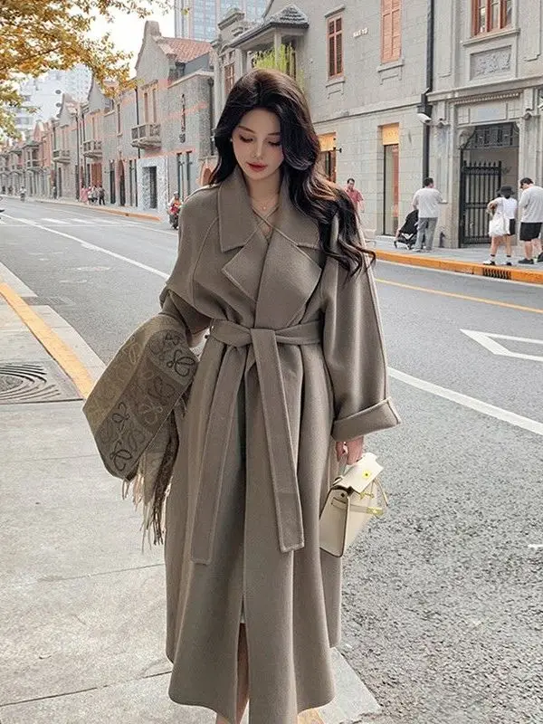 

Fashionable Mid-Length Woolen Coat Women's High-End Style Small Size Coat Windbreaker Autumn Winter Polyester Fiber 100%