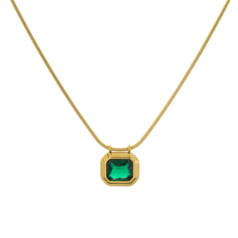316L Stainless Steel Green Zirconia  Pendant Necklace For Women New Trend Girls Flat Snake Chain Jewelry Gifts