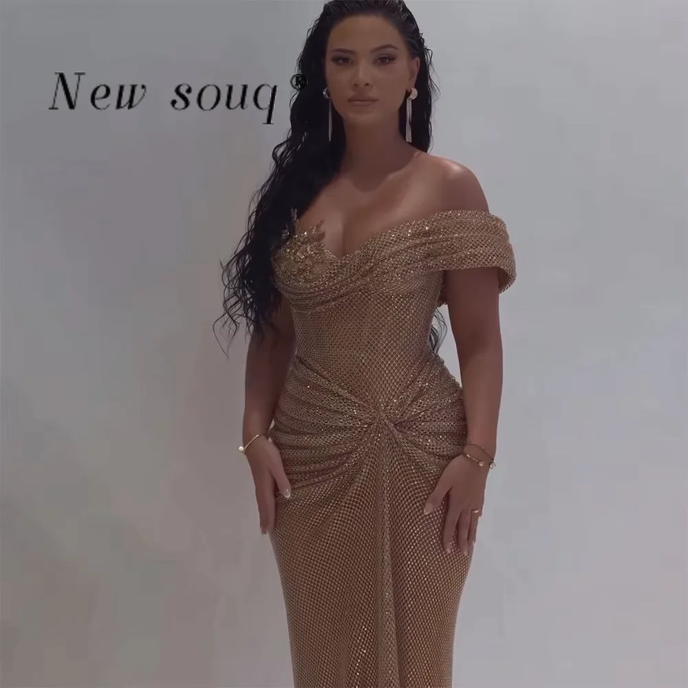 Customized Glitter Rose Gold Off Shoulder Beaded Sequin Evening Dresses Arabic Long Draped Mermaid Wedding Guest Party Gowns