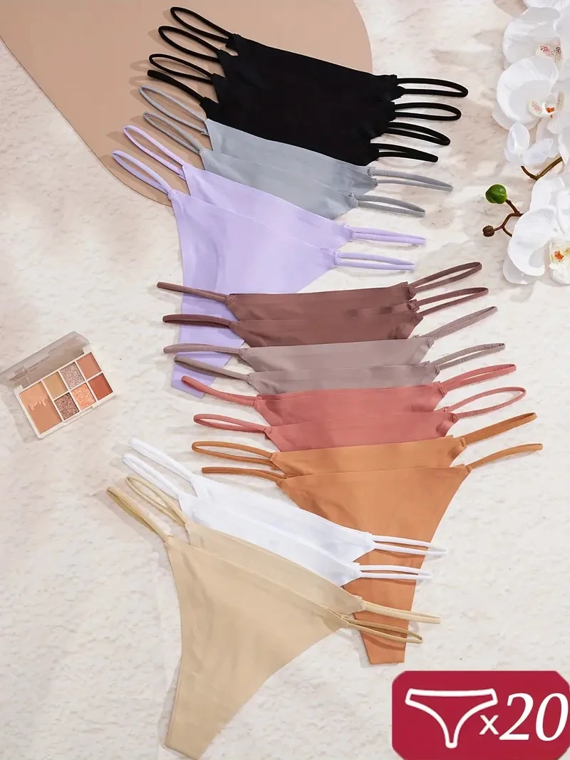 

20 шт., женские бесшовные стринги, трусы из ледяного шелка, сексуальное бикини с низкой талией и Т-образной спинкой, женские однотонные трусики-стринги без следов, XS-XL