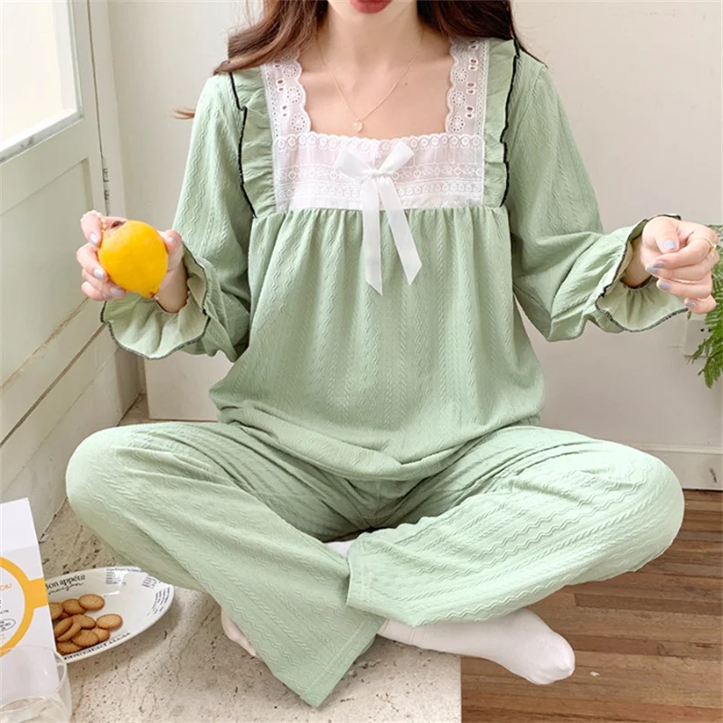 Spring Autumn Princess Style Print Sleepwear Set Long Sleeve Top Pants Ruffle Home wear Skin-Friendly Breathable Pajama