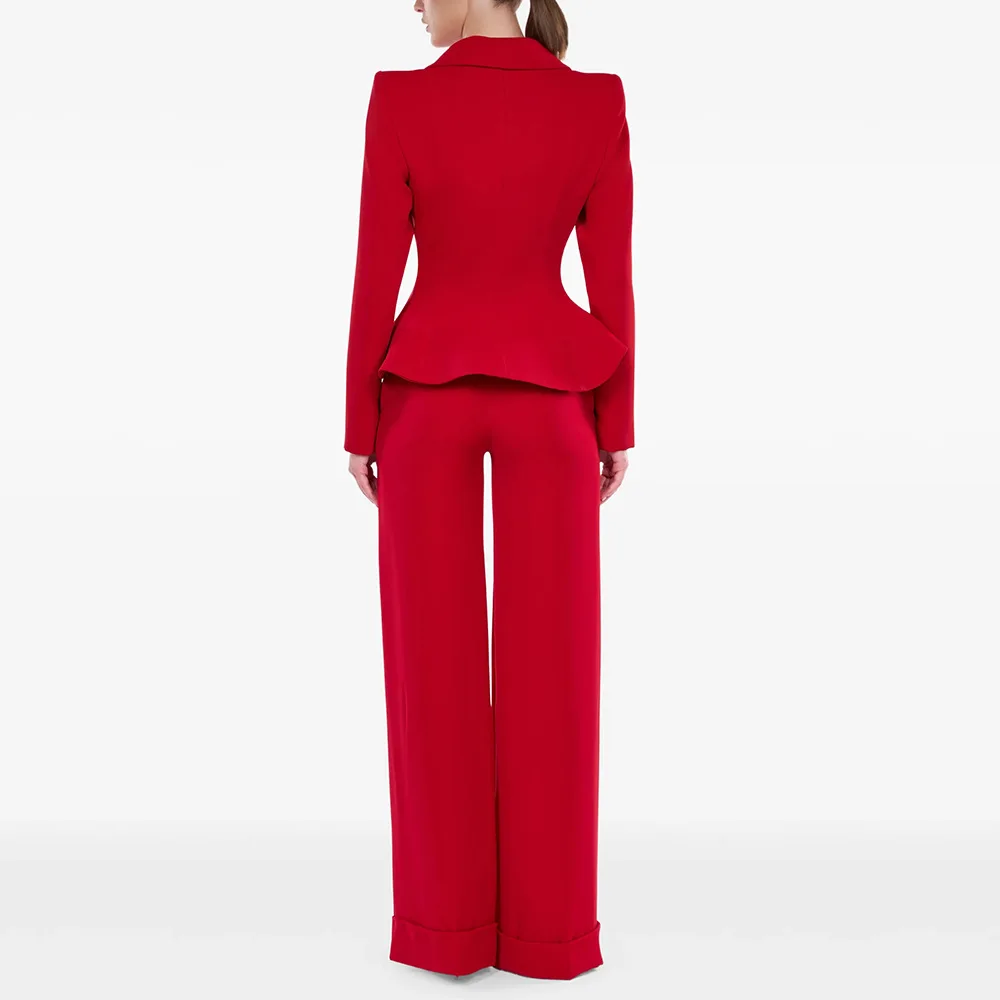 HIGH STREET Newest Fashion 2026 Designer Runway Suit Set Women's Shawl Collar Ruffles Short Jacket Long Pants Set 2pcs
