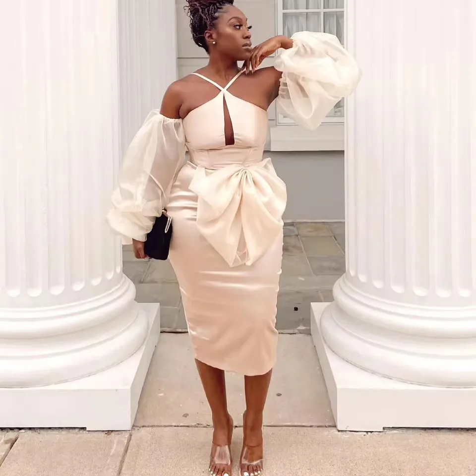 

Couture Halter Satin With See Thru Puff Sleeves Sexy Halter Bow African Women Dress To PartyMidi Dresses