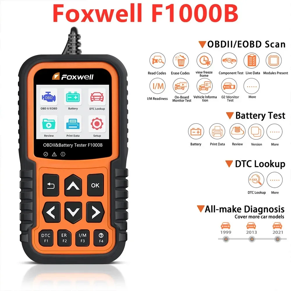 

2024 Foxwell F1000B CAN OBDII/EOBD Code Reader & Battery Tester 2 in 1 12V Battery Analyzer OBD Code Reader PK BT705 BT715 BT780