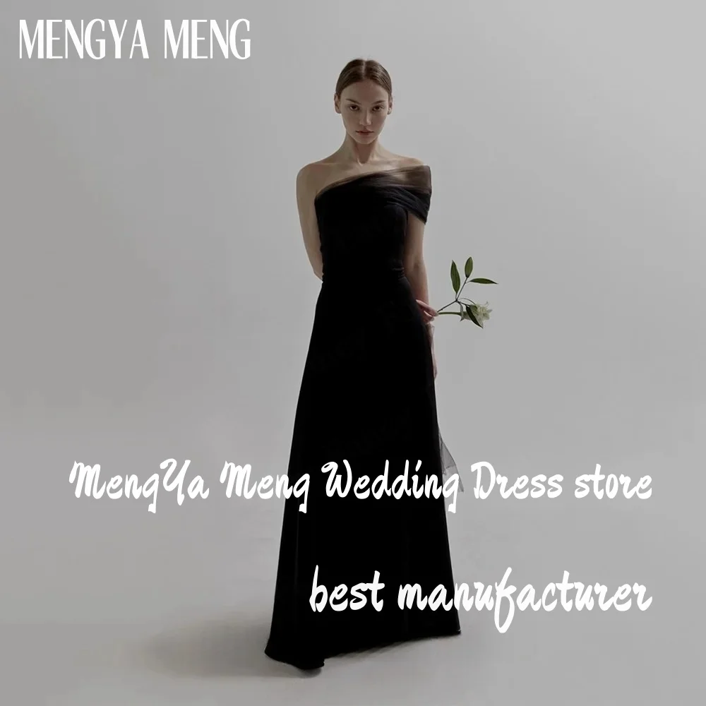 Simple Black Strapless Korea  Evening Dress With Bolero Tulle One Shoulder A Line Elastic Satin Formal Party Dress Wedding Gown
