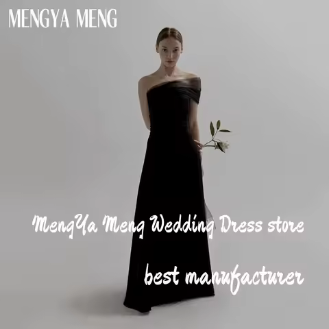 Simple Black Strapless Korea Evening Dress With Bolero Tulle One Shoulder A Line Elastic Satin Formal Party Dress Wedding Gown