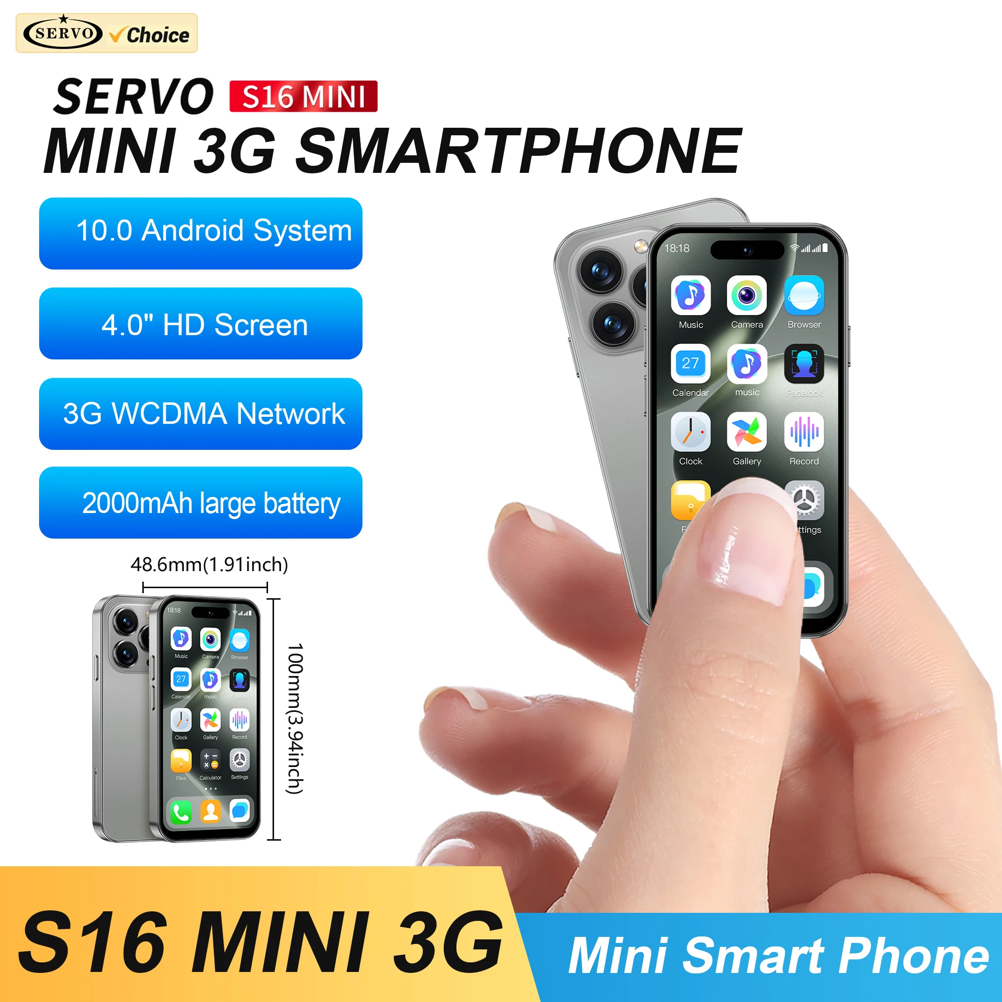 สมาร์ทโฟน SERVO S16 MINI Card รองรับ 3G WCDMA ระบบปฏิบัติการ Android 10.0 หน่วยความจำ 2GB+16GB พร้อม Play Store, WiFi, ปลดล็อคด้วยใบหน้า, หน้าจอ 4.0 นิ้ว ขนาดเล็ก น่ารัก
