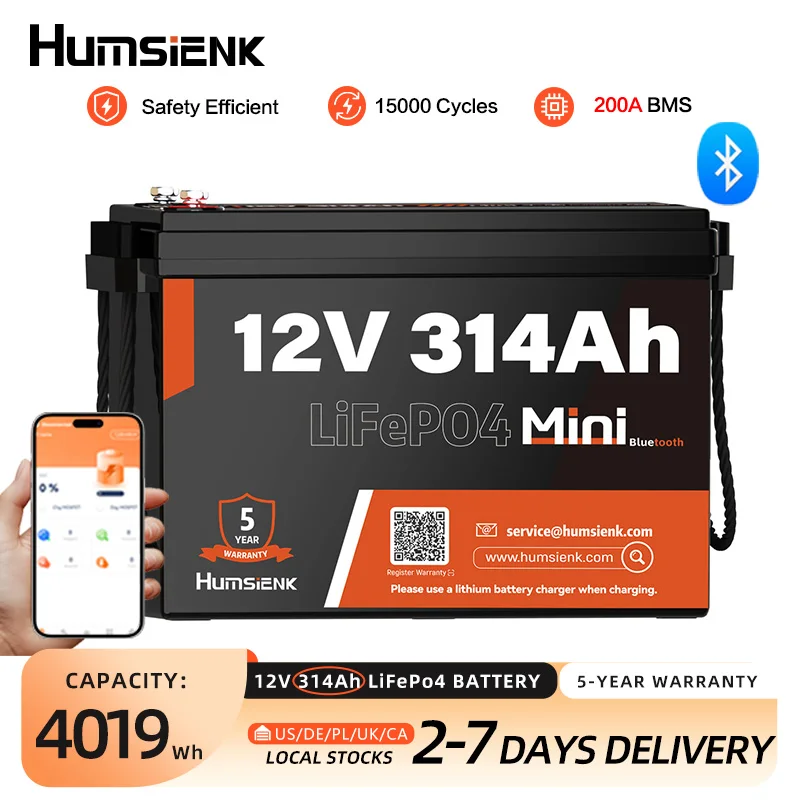 

Литиевая батарея Humsienk 12V 314Ah LiFePO4 с Bluetooth и BMS 200A, перезаряжаемая, для автодомов, гольф-каров, кемпинга, рыбалки, лодок