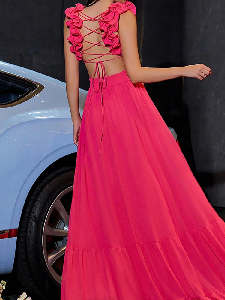 Women V Neck Sleeveless High Waist Patchwork Lace Up Sexy Dress Sexy Ruffles Straps Backless Long Gowns Evening Party Gowns