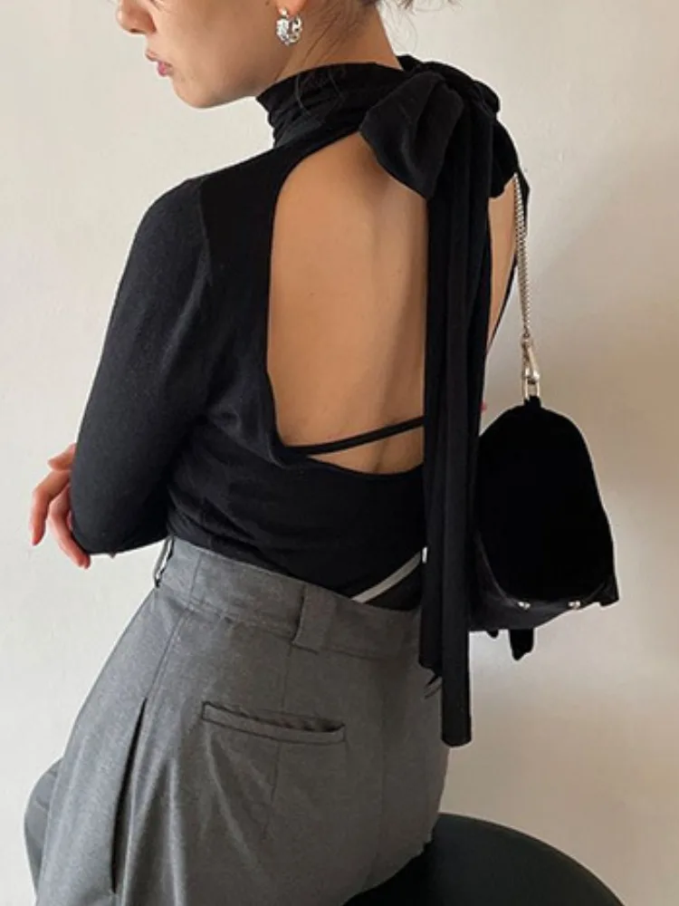 New Solid Color Slim Camisole Backless Lace-up Design Women Tops 2024 Spring Japan Style Long Sleeve Simple Sweater Suit Ladies