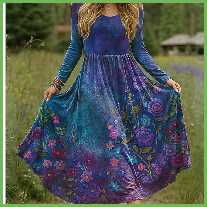 Abito Lungo Boho Vintage con Stampa per Donna 2025, Vestito Casual con Scollo a V e Vita Alta