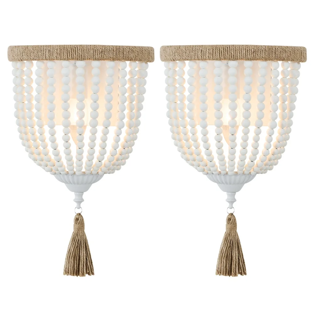 Vintage Wooden Bead Wall Lamp Hand Woven Hemp Rope Wall Light Bedroom Bedside Living Room Resort Hotel Entrance Decor Wall Lamp