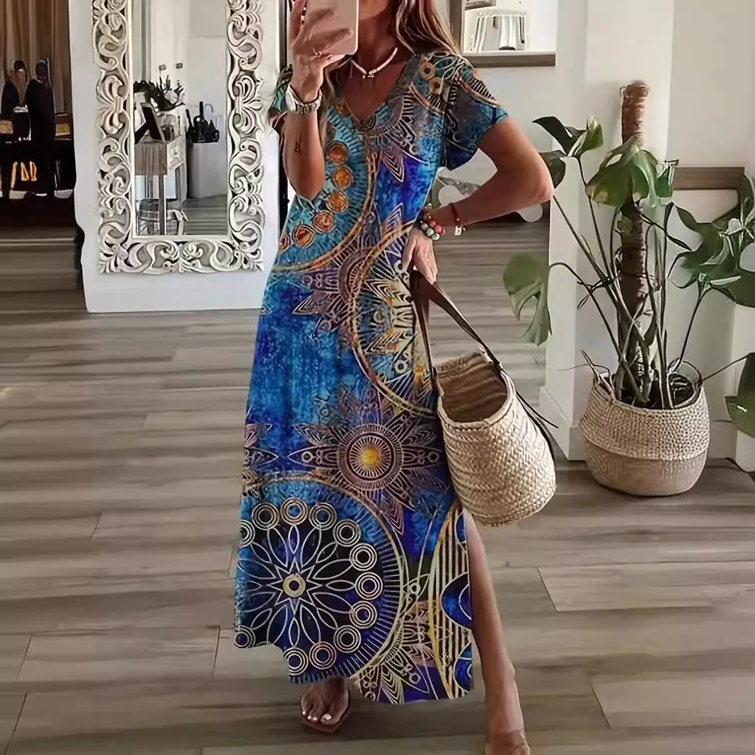 Chic เสื้อยืดสไตล์พิมพ์ Maxi ชุดผู้หญิงรอบคอแขนสั้นฤดูร้อนสบายๆ Vestidos