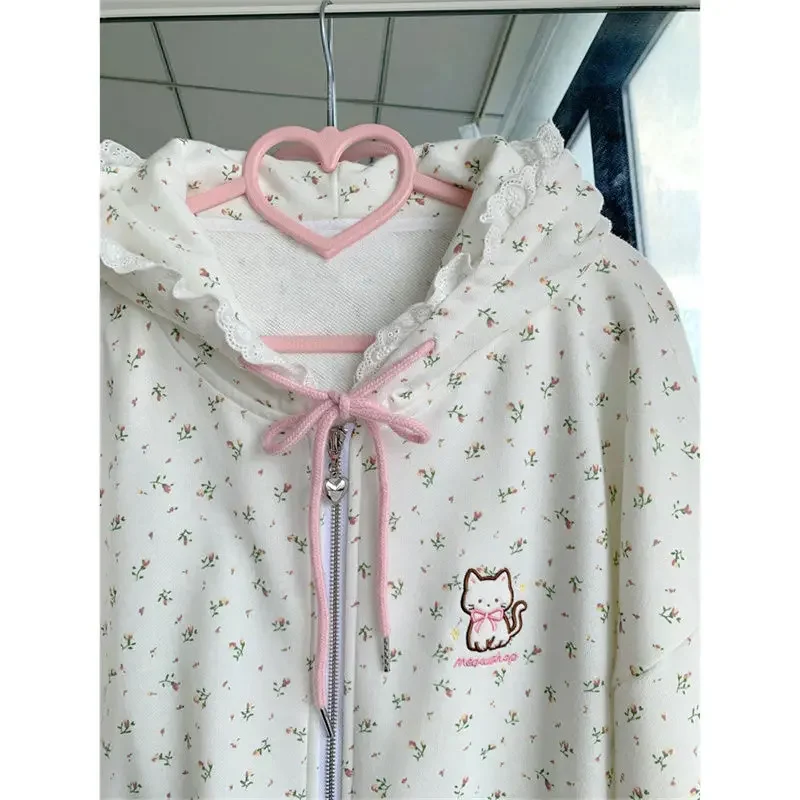 Kawaii Sweet Harajuku Hoodie Women Japanese Fashion Lace Patchwork Floral Print Cat Embroidery Zipper Hooded Sweatshirt Jacket