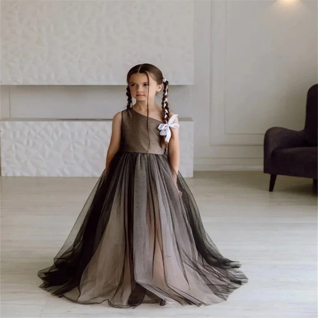 Czarna sukienka dla dziewczynki na jedno ramię, tiulowa suknia ślubna dla dziewczynki, sukienka transformująca się z koronki, sukienki na konkursy piękności dla dziewczynek, sukienka księżniczki.