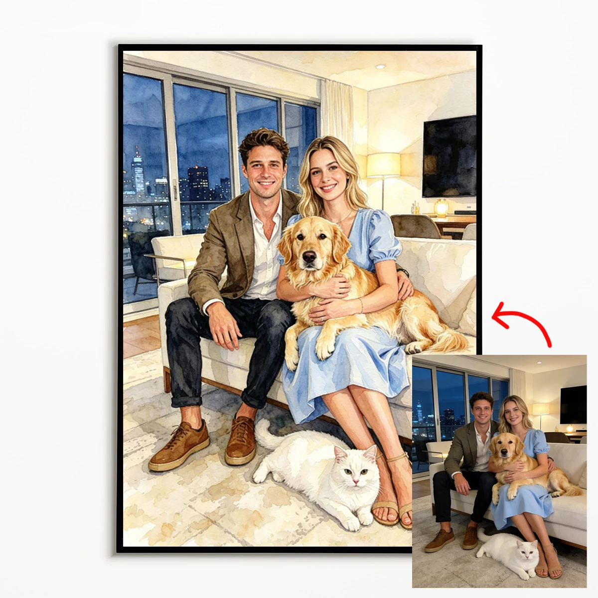 Custom Watercolor Portrait Poster Custom Family Photo Christmas Gift Cat and Dog Portrait Pet Memorial Wall Art Anniversary Gift