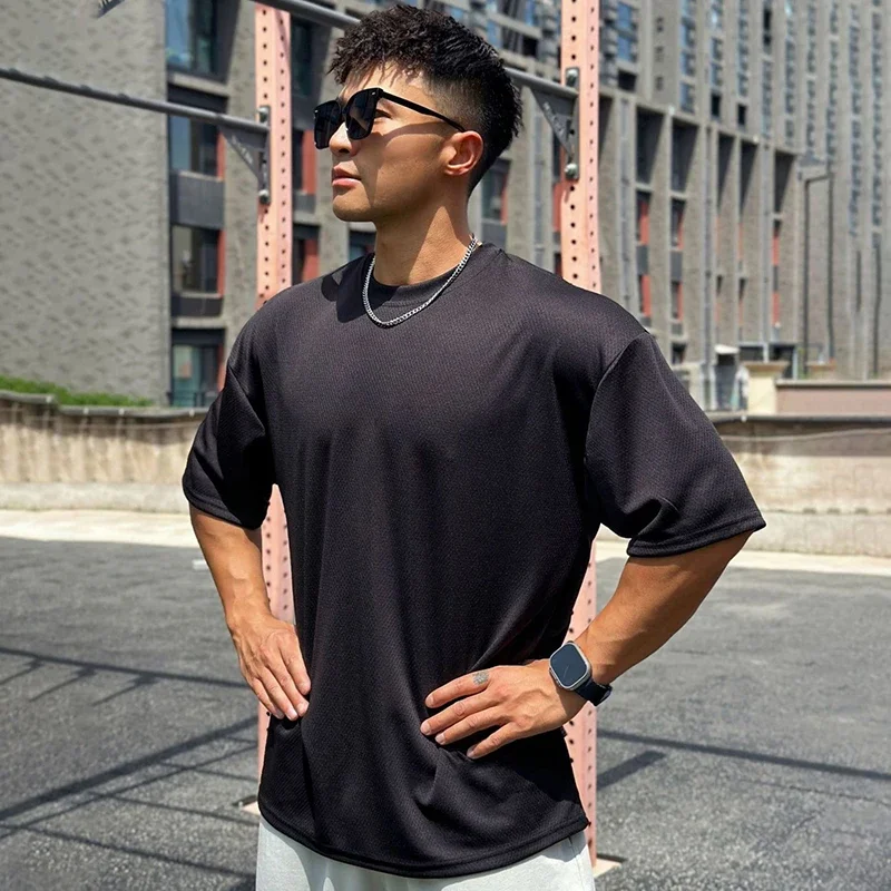 Oversized Loose Men's Running Sport T-Shirt Gym Bodybuilding Fitness Training Clothing Summer Mesh Short Sleeves Quick Dry Shirt