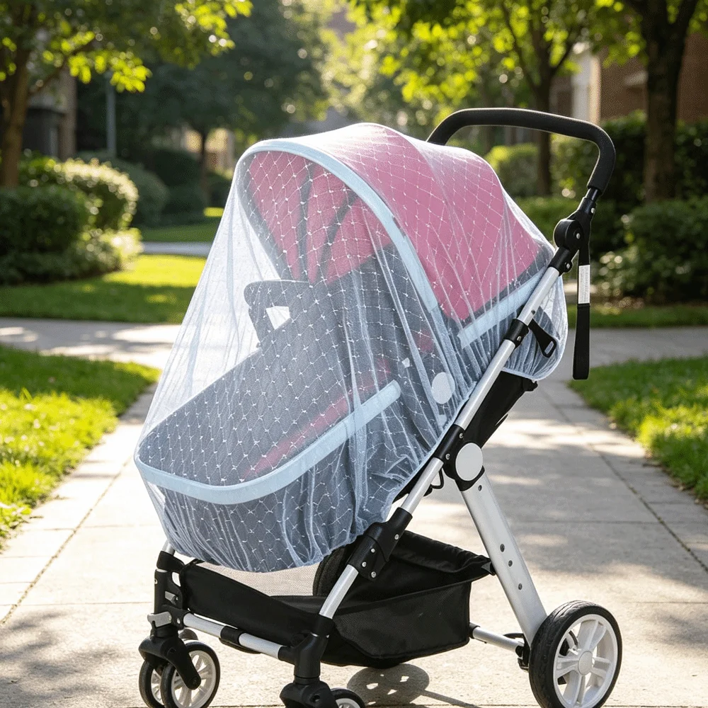Full Coverage Pram Mosquito Net Windproof Sunshade Polyester Material Insect Shield Net Dense Mesh Snug Fit Design