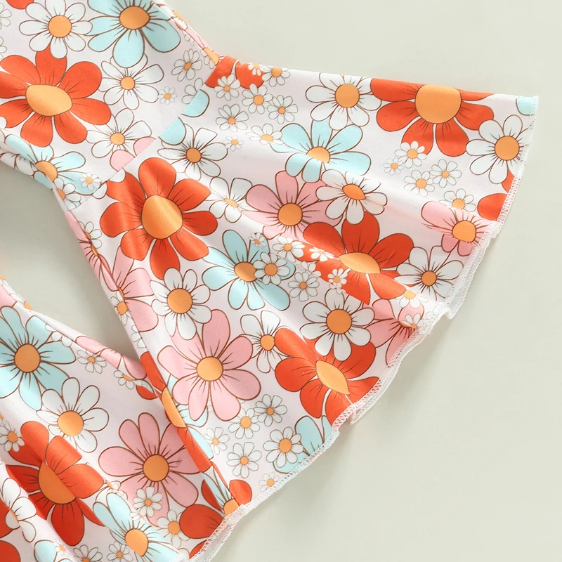 Toddler Baby Girls Pants Set Crew Neck Short Sleeve Letters Print T-shirt with Flower Print Flare Pants and Hairband