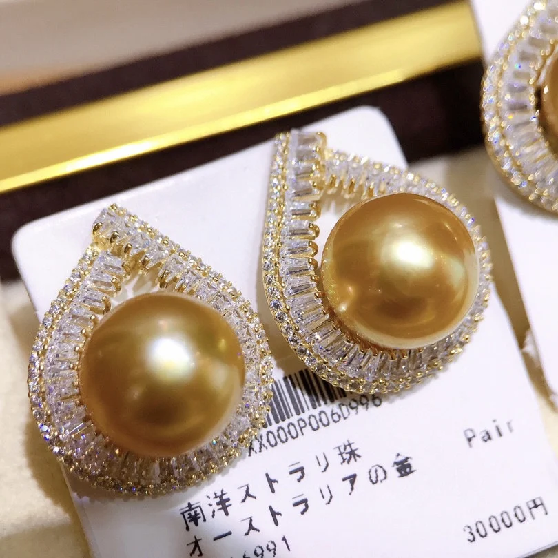 

Natural South Sea Seawater Earrings 11-12mm Nearly Full Round Bright Front Basically Flawless 925 Silver Seiko