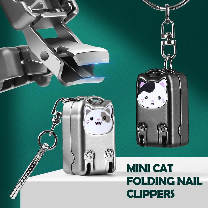 Mini Cat Folding Nail Clippers, Portable Keychain Design Stainless Steel Nail Cutter, Compact Foldable Manicure Trimmer for Women Girls Gift