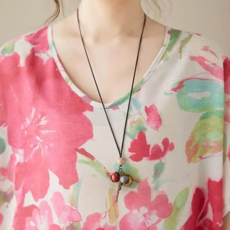 Vestidos literários vintage casual design floral manga curta solta o pescoço estilo coreano meados de bezerro vestido de verão para roupas femininas