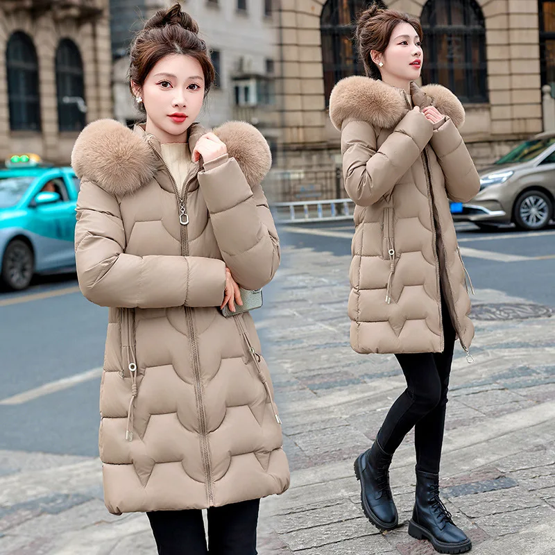

Women Mid Lenth Parkas Coat Hooded Oversize Jacket Solid Zipper Fur Collar Full Sleeve Slim Thick Office Lady Casual 2025 Winter