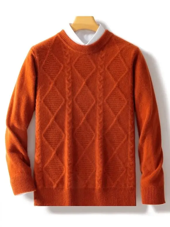 

100% Australian wool crew neck thickened jacquard solid color sweater business casual light luxury cashmere knitted sweater