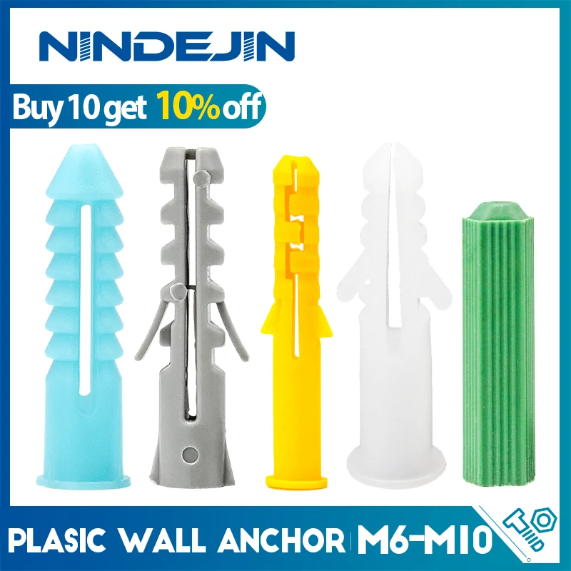 NINDEJIN 20-100pcs Plastic Expansion Anchors Drywall Anchors M6 M8 M10 Plastic Anchor Wall Plugs for Screw