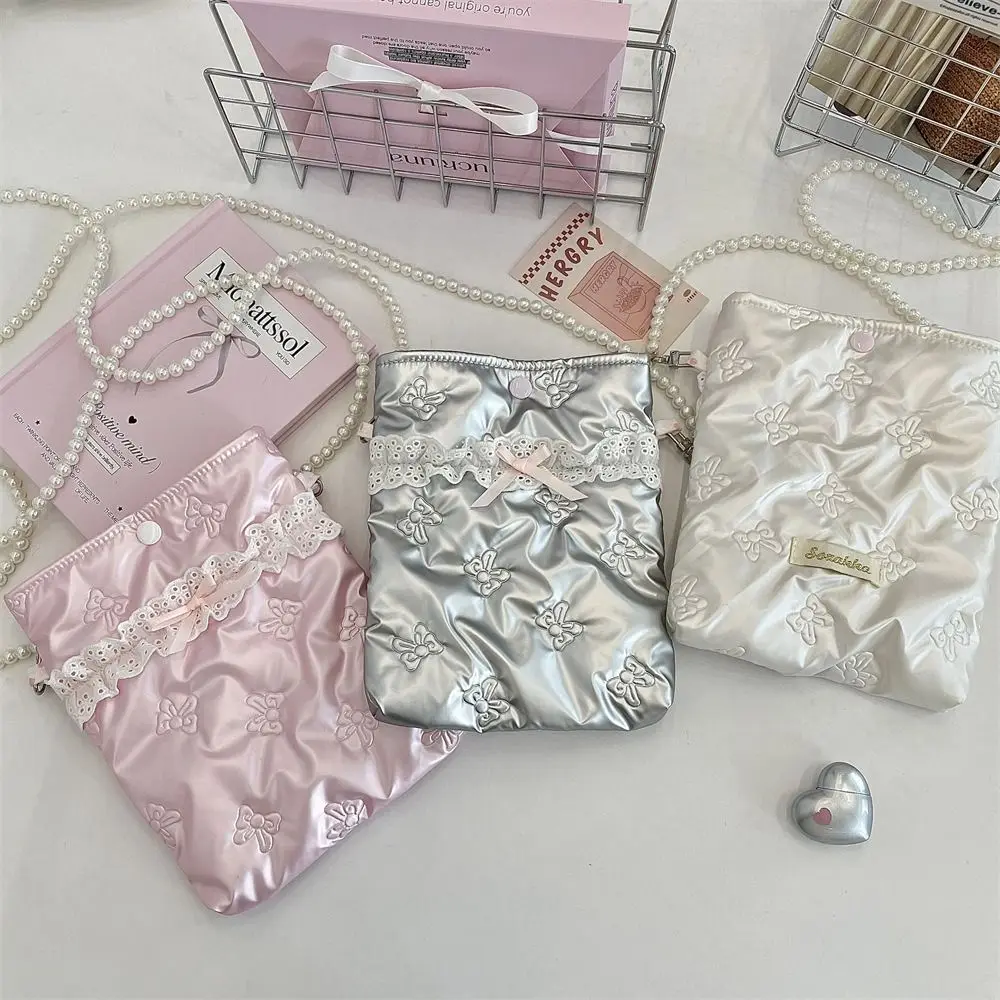 

Storage Bag Space Cotton Pearls Chain Crossbody Bag Love Heart Bow Bright PU Phone Bag INS Plush Shoulder Bag Lady
