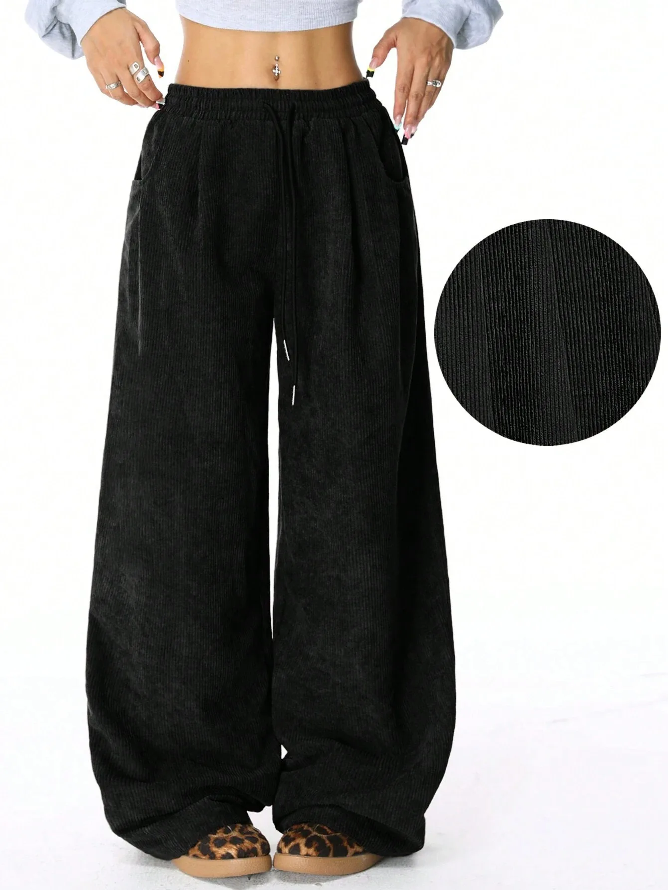 2025 Autumn/Winter New Style Loose-fit High-waist Casual Versatile Drapey Drawstring Wide-leg Pants