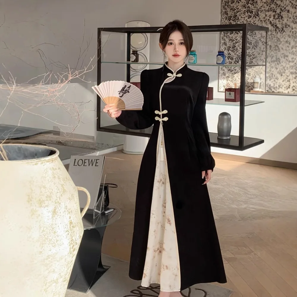 

Chinese Style National Style New Year Battle Robe Button Modified Qipao Long Dress Women Dark Pattern Fashion Long Skirt