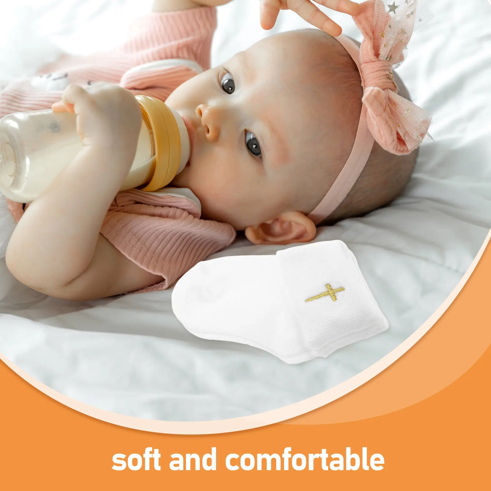 1Pair Baby Baptism Socks Turn Cuff White Soft Cotton Anti Slip Infant Christening Booties for 0-1 Year Old Newborn Foot Warmers