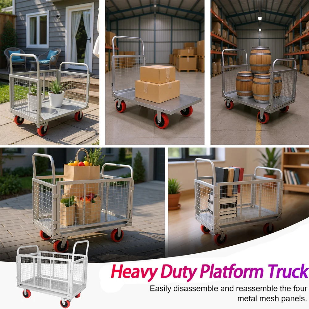 5-in-1 zware platformwagen zwenkwielen Veelzijdige mandwagen Multifunctionele duwwagen voor magazijnproductielijn