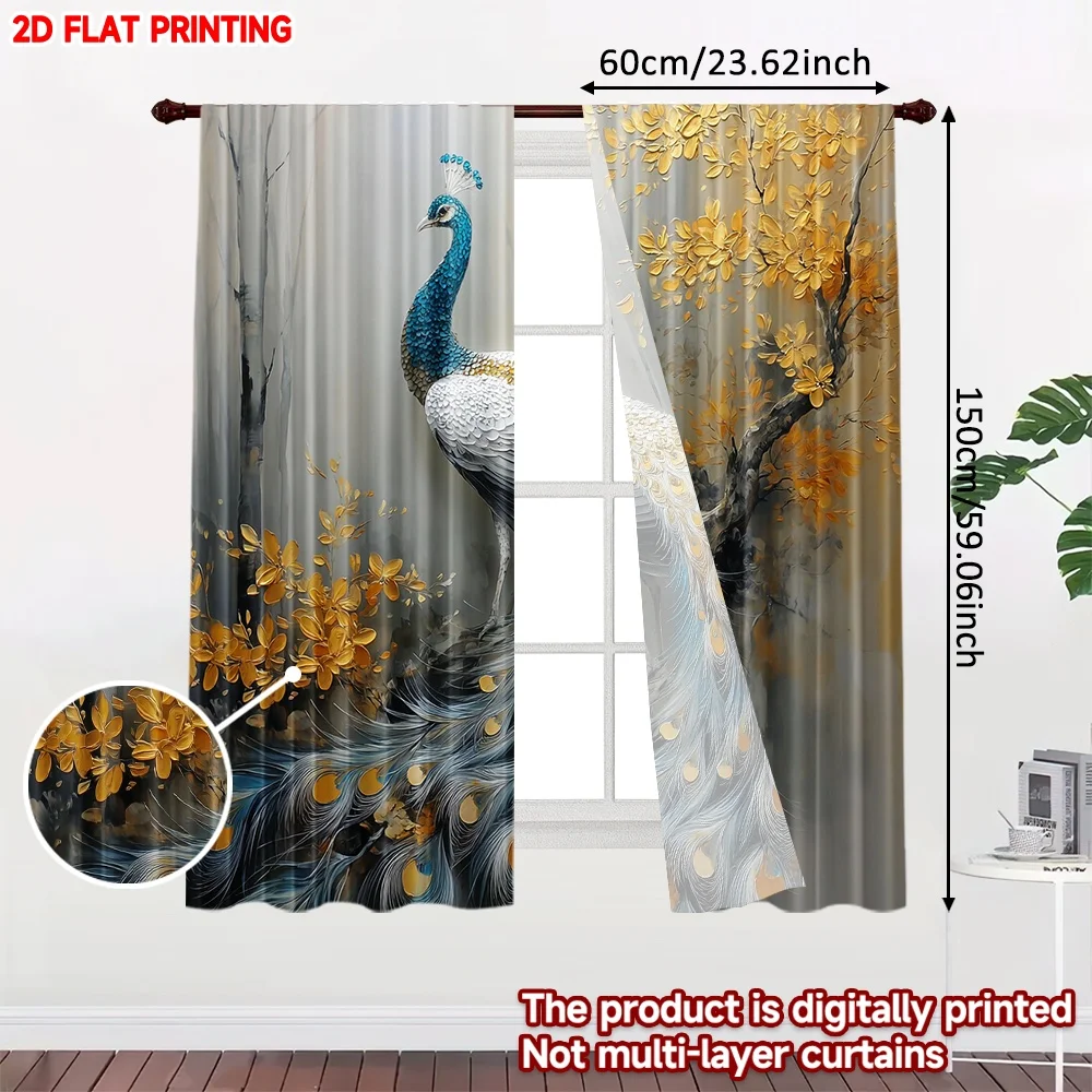 2pcs Peacock Floral Curtains 2D Flat Digital Printing, Blue Gold White Feathers with Blooming Tree for Bedroom Decor