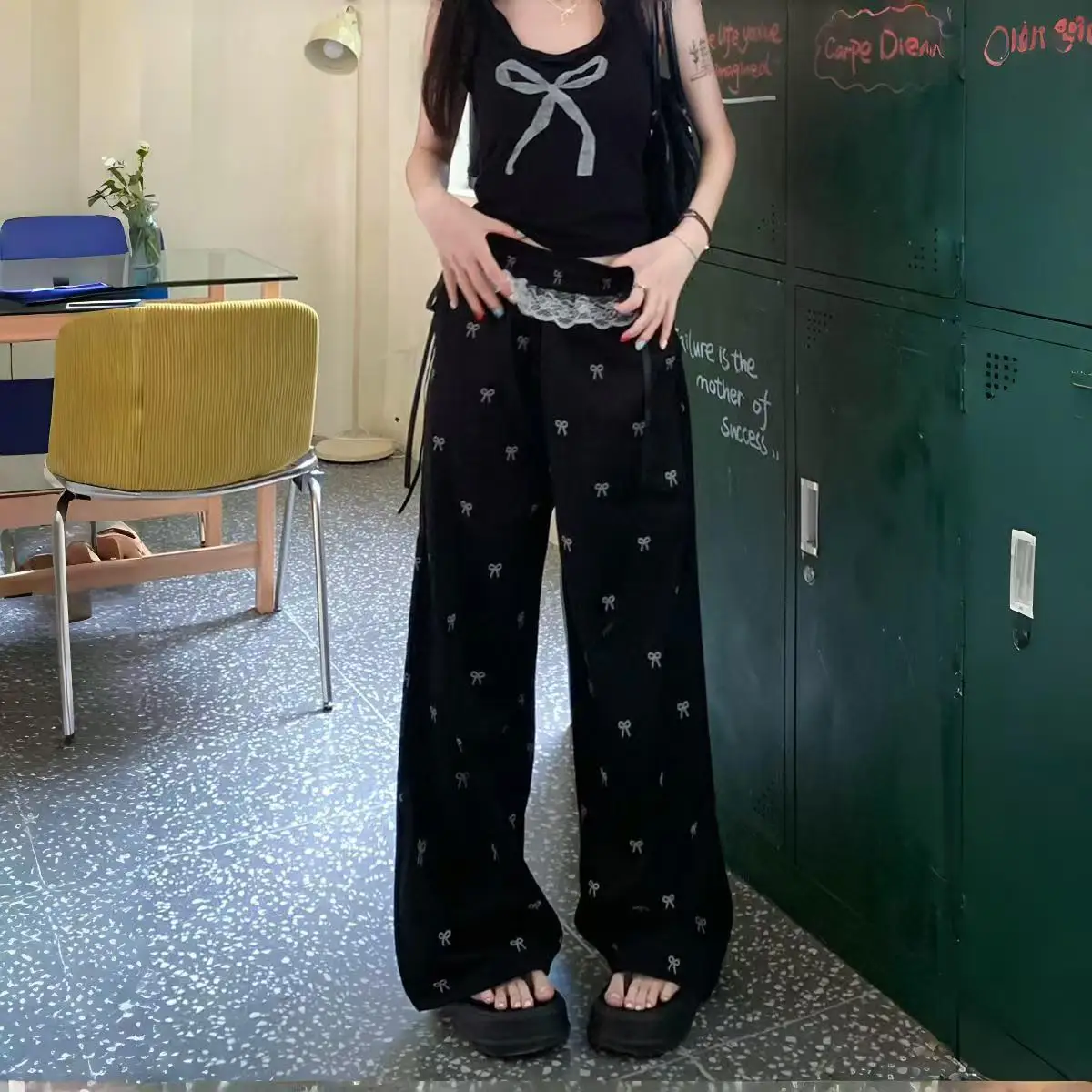High Waisted Wide Leg Pants with Bow Print and Lace Trim Casual Loose Streetwear Trousers for Women
