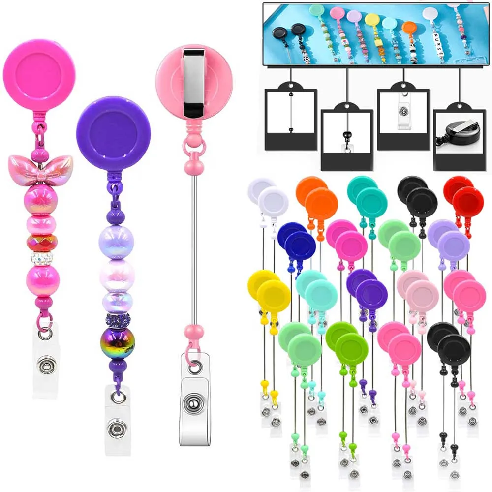 Random 10Pcs Beadable Badge Reels With Bar Retractable Beaded Holder Clips For Beads ID Name Badge Reels DIY Gift For Nurse