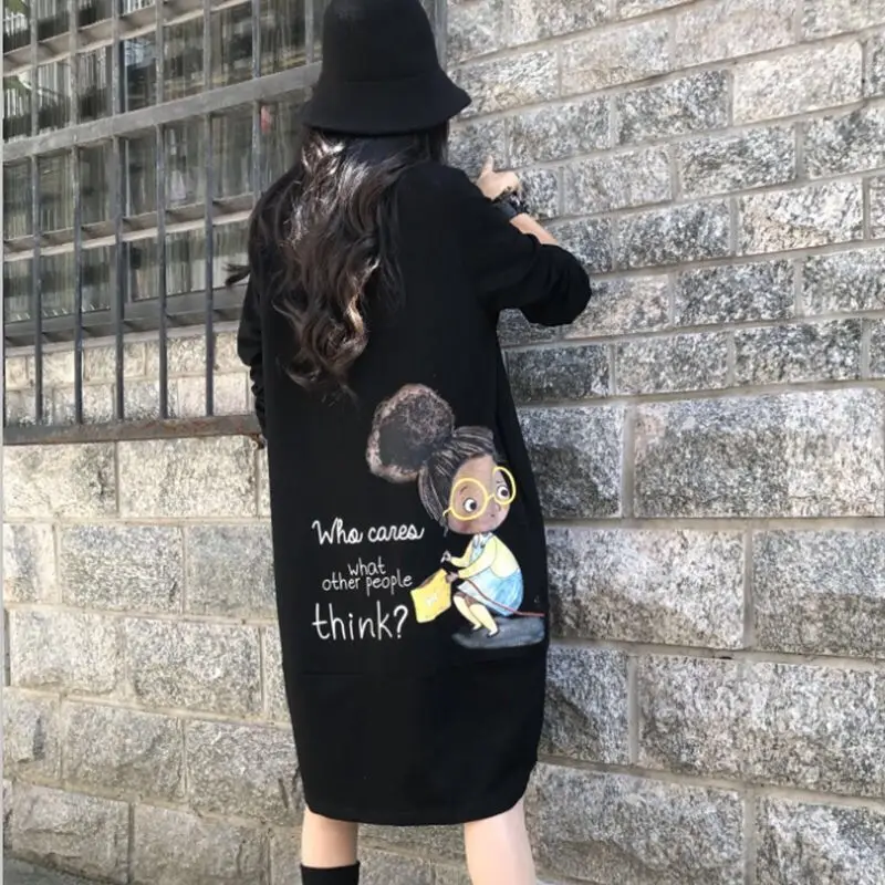 Women Autumn Winter Fashion Loose Printing O-neck Long Sleeve Fleece Sweatshirts Women Clothes Simplicity Appear Thin Midi Dress