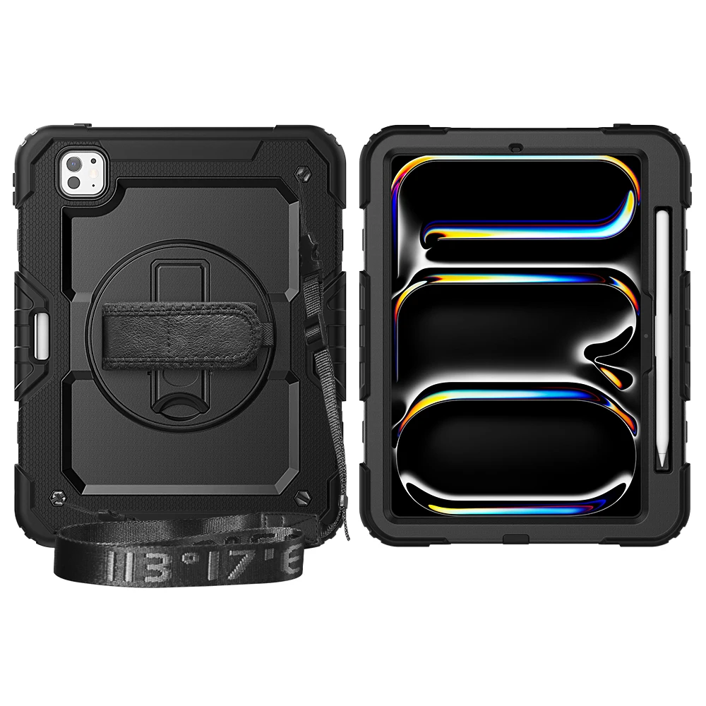 for iPad Pro11 M4 A2836 2024 , Military Grade Shockproof Protector Silicone Cover Pencil Holder+Handle Shoulder Strap