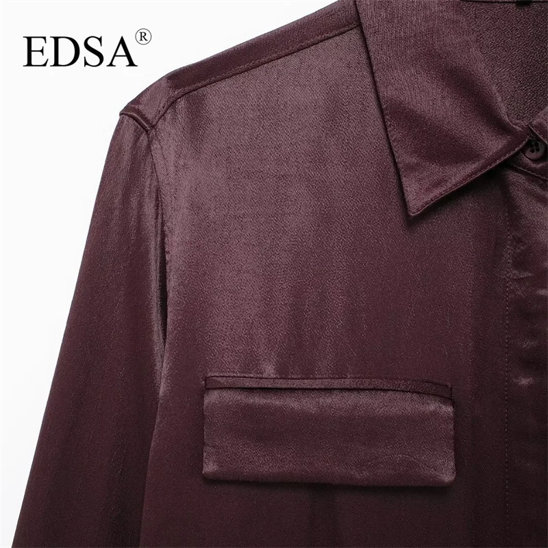 EDSA Women Satin Shirt with Double Flap Pockets Long Sleeves Rounded Asymmetric Hem Blouse Single Breasted Concealed Button-up