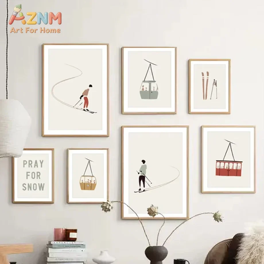 AZNM Minimalist Skiing Canvas Wall Art, Ski Lift Skier Sport Line Art Print, Unframed Canvas Painting for Winter Sports Lover Ho